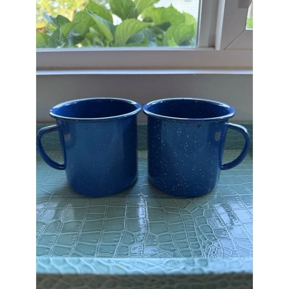 Blue/White Speckled Enamelware Cups/Mugs-Set Of 2